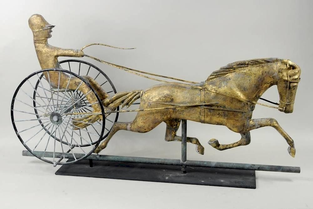 Appraisal: GIlded Copper Horse Sulky Weathervane Gilded copper horse and sulky