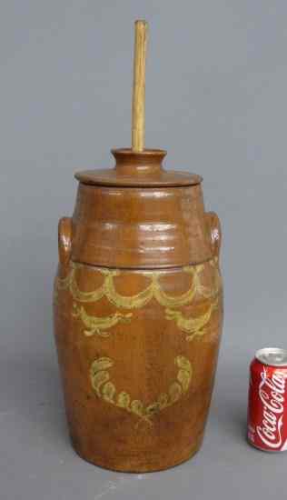 Appraisal: Redware slip decorated butterchurn '' Ht