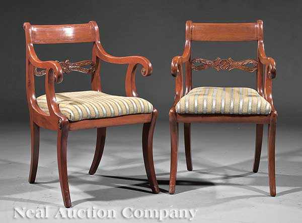 Appraisal: A Pair of American Classical Carved Mahogany Armchairs c New