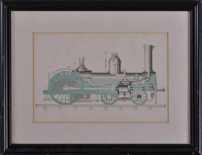 Appraisal: FRENCH SCHOOL TWO STUDIES FOR STEAM TRAIN ENGINES Watercolor and