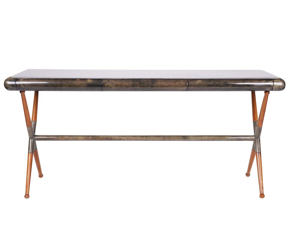 Appraisal: CONTEMPORARY CAMPAIGN-STYLE CONSOLE TABLElacquered goatskin wood and nickel-finish hardware inches