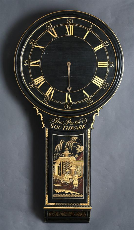 Appraisal: GEORGE III CHINOISERIE DECORATED BLACK LACQUERED GILT-HIGHLIGHTED TAVERN CLOCK Circa