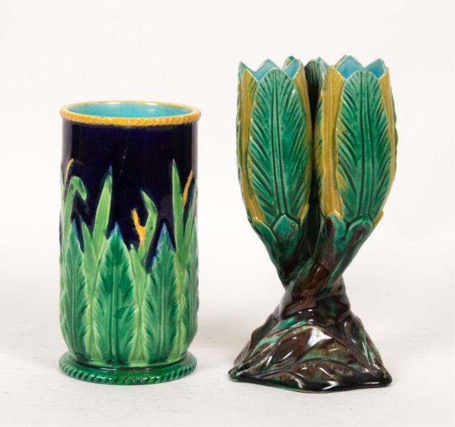 Appraisal: English majolica bud vase and cylindrical vase late th century