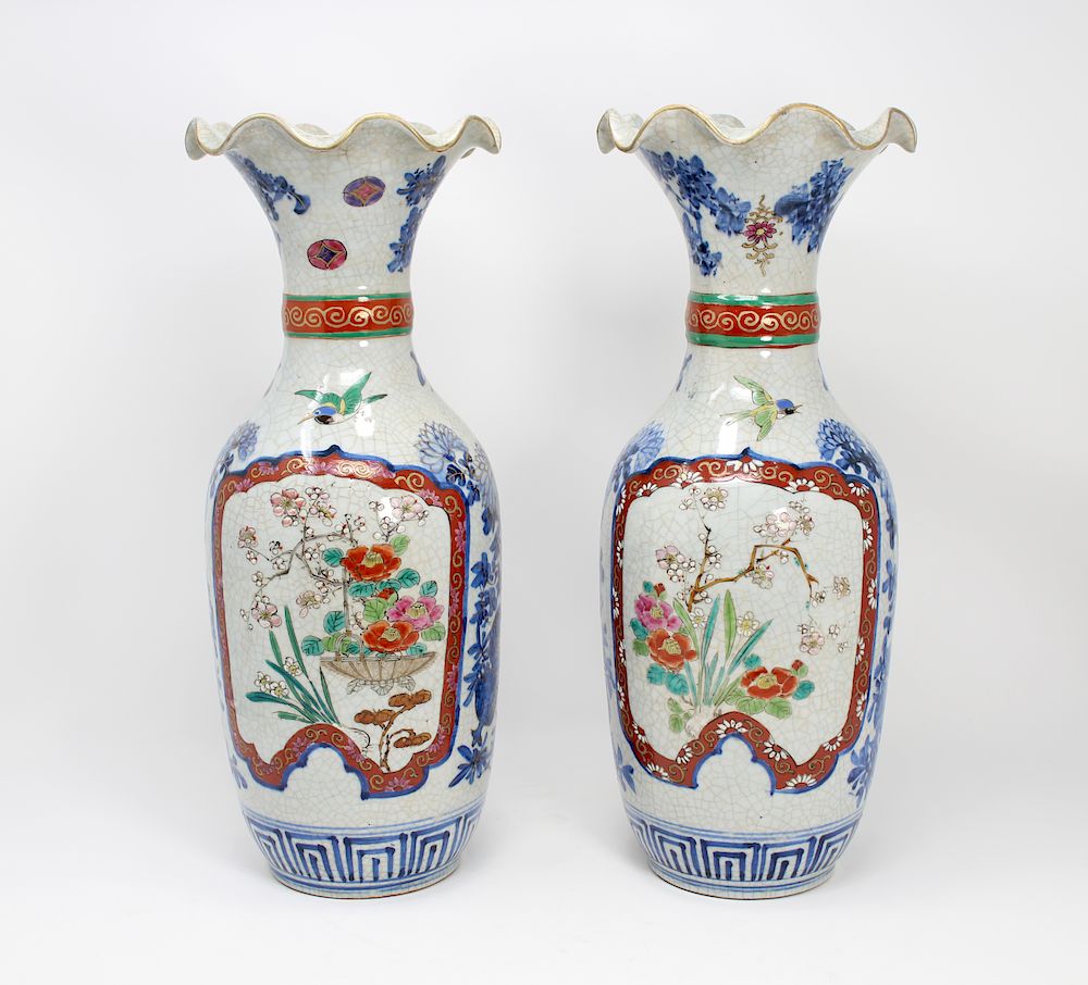 Appraisal: Pair Antique Chinese Crackle Ware Vases Signed Pair Antique Chinese