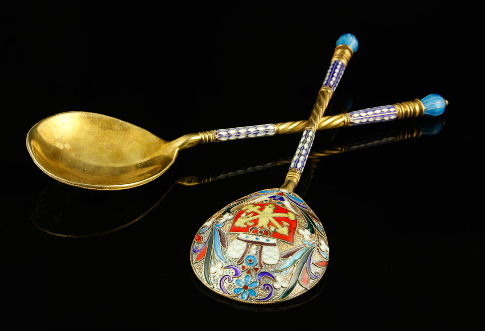 Appraisal: - Pr Russian Enameled Silver Spoons Pair of Russian spoons