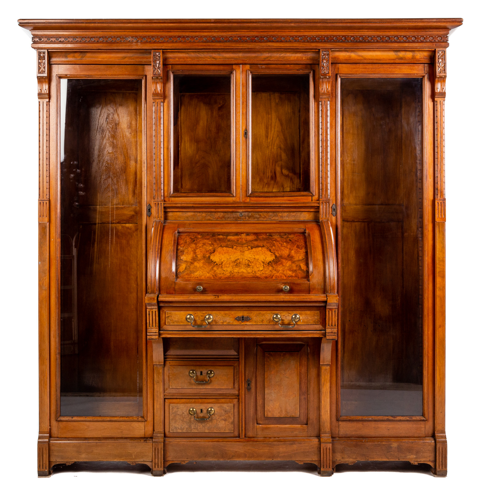 Appraisal: VICTORIAN WALNUT CYLINDER DESK BOOKCASE Circa three-part cabinet with removable