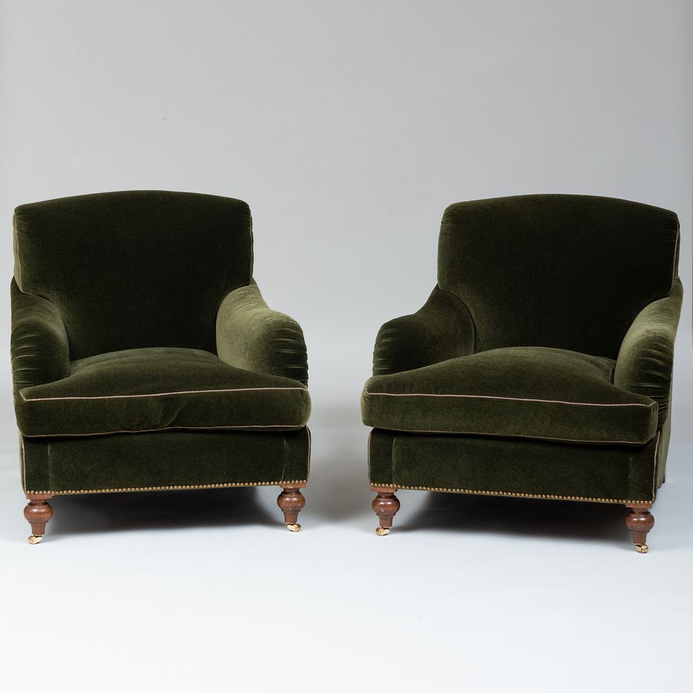 Appraisal: Pair of Green Mohair Upholstered Club Chairs A Schneller Sons