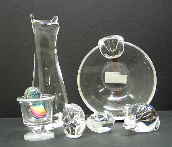 Appraisal: Six Steuben glass articles Comprising cat model designed by Donald