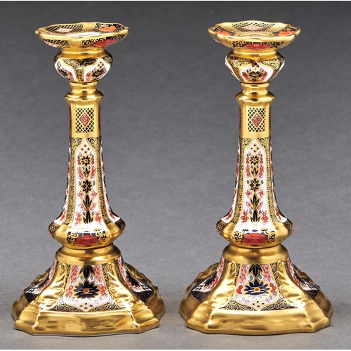 Appraisal: Two Royal Crown Derby Imari pattern dolphin candlesticks early st