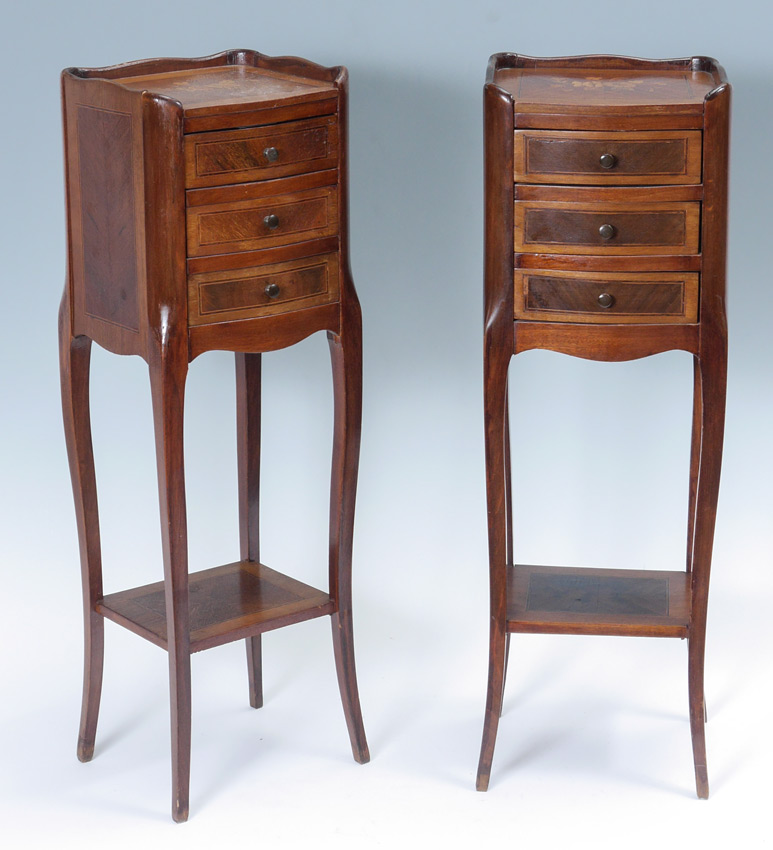 Appraisal: PAIR DIMINUTIVE INLAID FRENCH DRAWER STANDS Top with inlaid floral