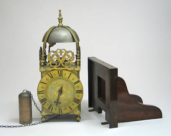 Appraisal: English brass lantern clock with bracket th century The engraved