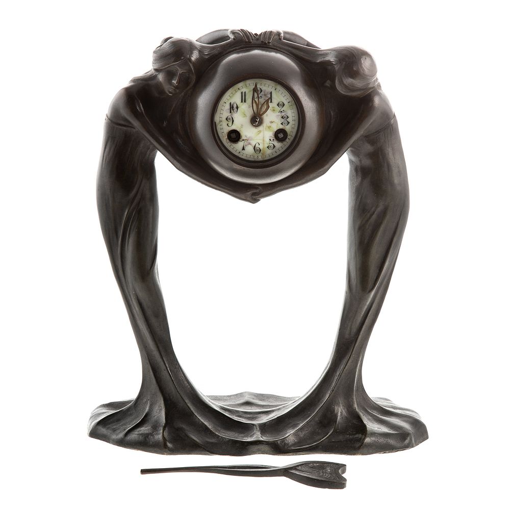 Appraisal: French Art Nouveau Bronze Figural Clock Late th early th