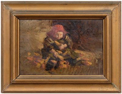 Appraisal: European School painting seated young child wearing red hat and