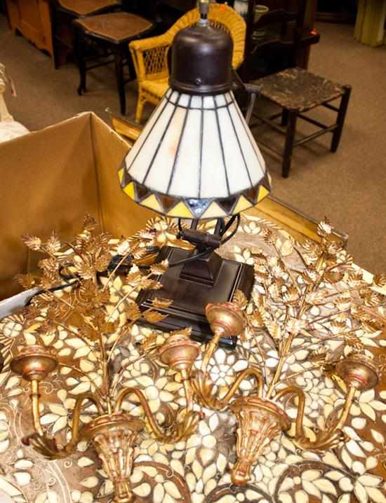 Appraisal: Metal desk lamp with slag glass shade and a pair