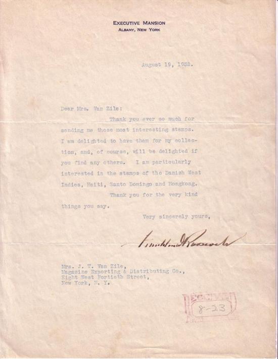 Appraisal: FDR THE STAMP COLLECTOR ROOSEVELT FRANKLIN D Typed Letter Signed