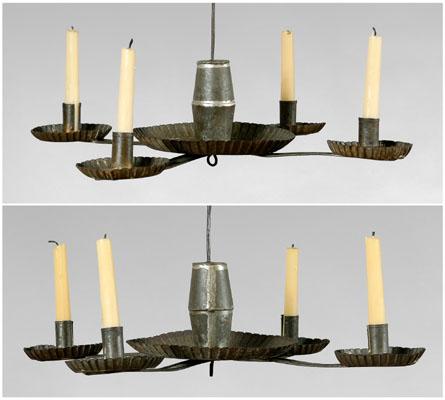 Appraisal: Rare pair of tole chandeliers central pan issuing four arms