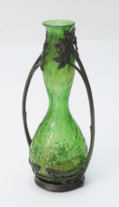 Appraisal: LOETZ DIASPORA GREEN GLASS MOUNTED VASE Attributed Loetz iridescent green