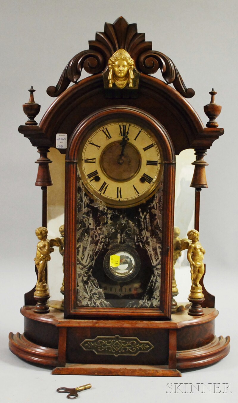 Appraisal: Ansonia Walnut Mantel Clock backed by a mirror cut glass