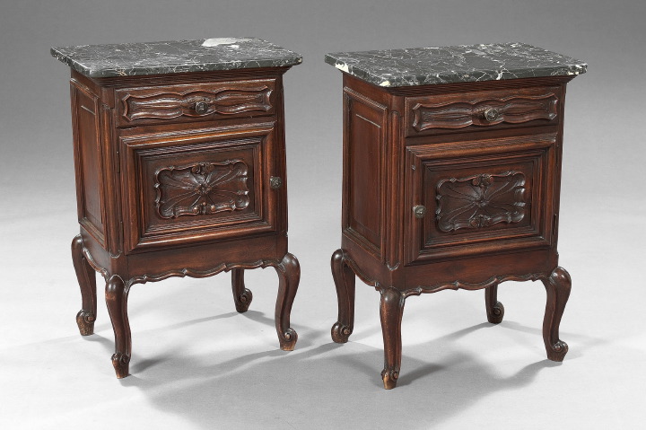 Appraisal: Pair of Louis XV-Style Mahogany and Marble-Top Bedside Cupboards early