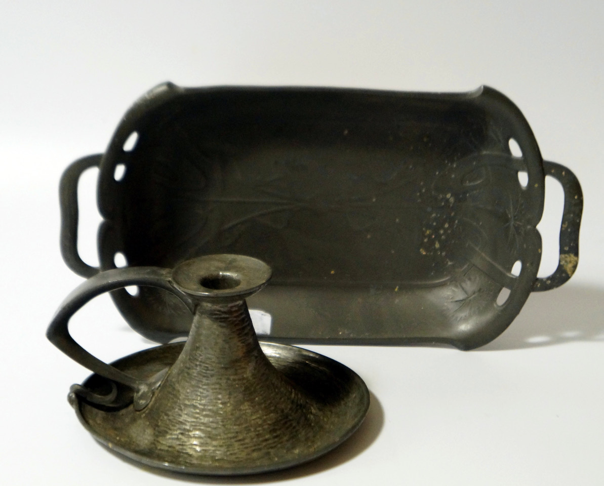 Appraisal: An Art Nouveau pewter two handled dish decorated with pinks