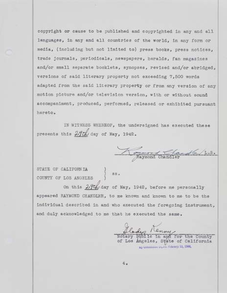 Appraisal: RAYMOND CHANDLER Contract signed by Chandler the assignment of the