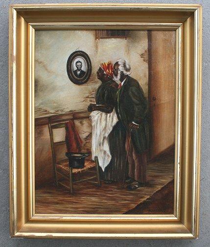 Appraisal: FOLK ART PAINTING OF AFRICAN AMERICANS ADMIRING A PORTRAIT OF