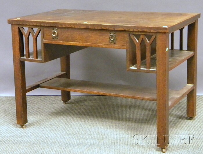 Appraisal: Arts Crafts Oak Library Table with Bookshelf Ends ht lg