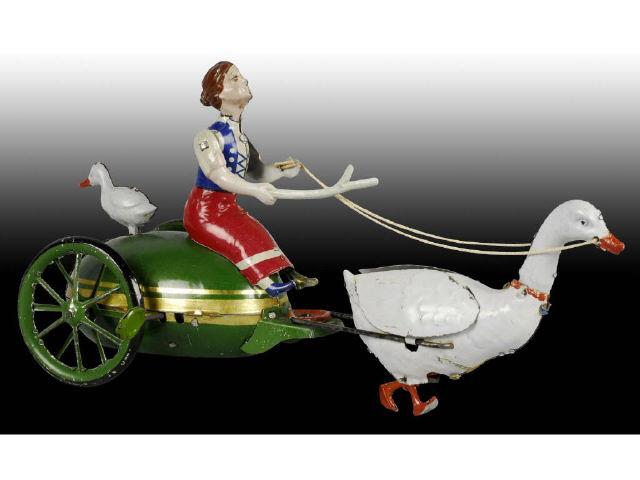 Appraisal: Tin German Stock Lady Pulled by Goose Toy Description Wind-up