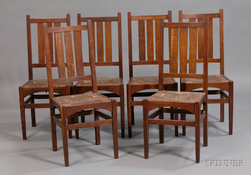 Appraisal: Six Gustav Stickley Dining Chairs Oak and rush New York