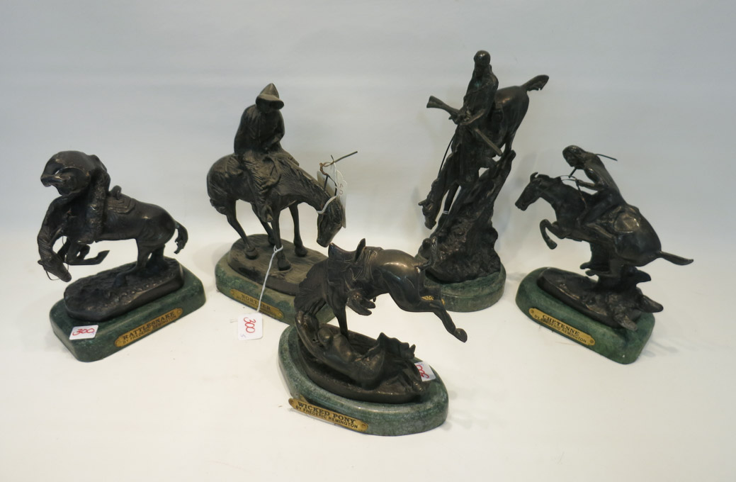 Appraisal: FIVE CAST BRONZE SCULPTURES AFTER FREDERIC REMINGTON mounted on marble