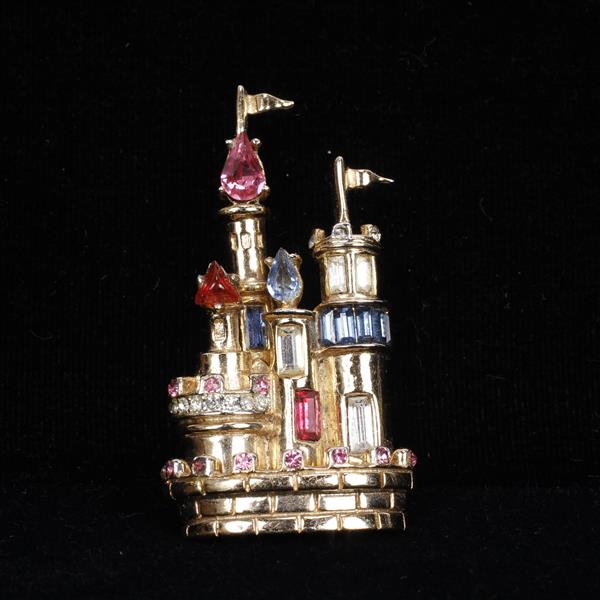 Appraisal: Coro Gold Pink Blue Jewels Fantasy Castle Brooch Pin H