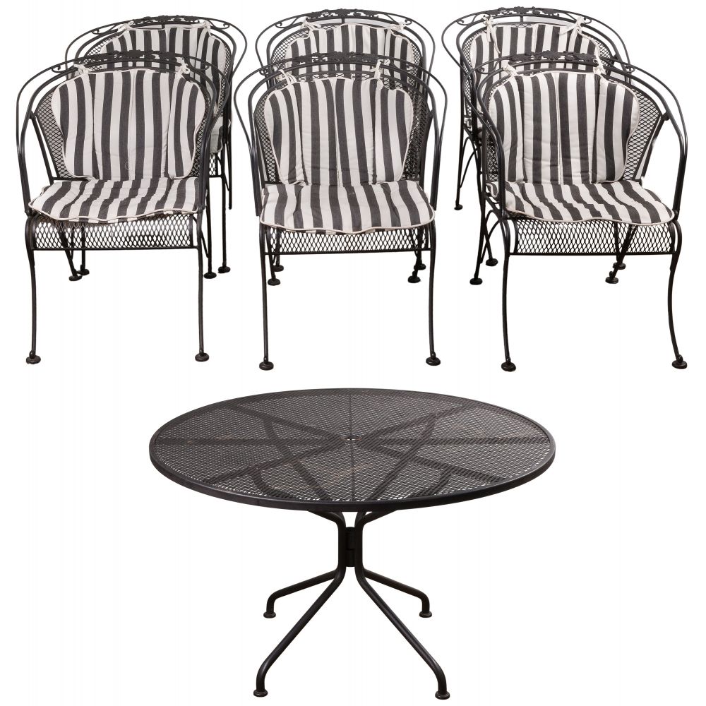 Appraisal: BLACK METAL PATIO FURNITURE SET items including chairs with cushions