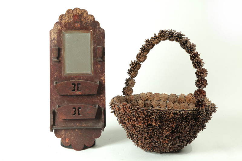 Appraisal: MIRROR AND BASKET American th and th century Folksy pine