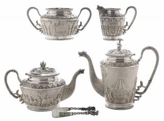 Appraisal: Burmese Decorated Silver Tea Service Five Pieces with Fitted Case