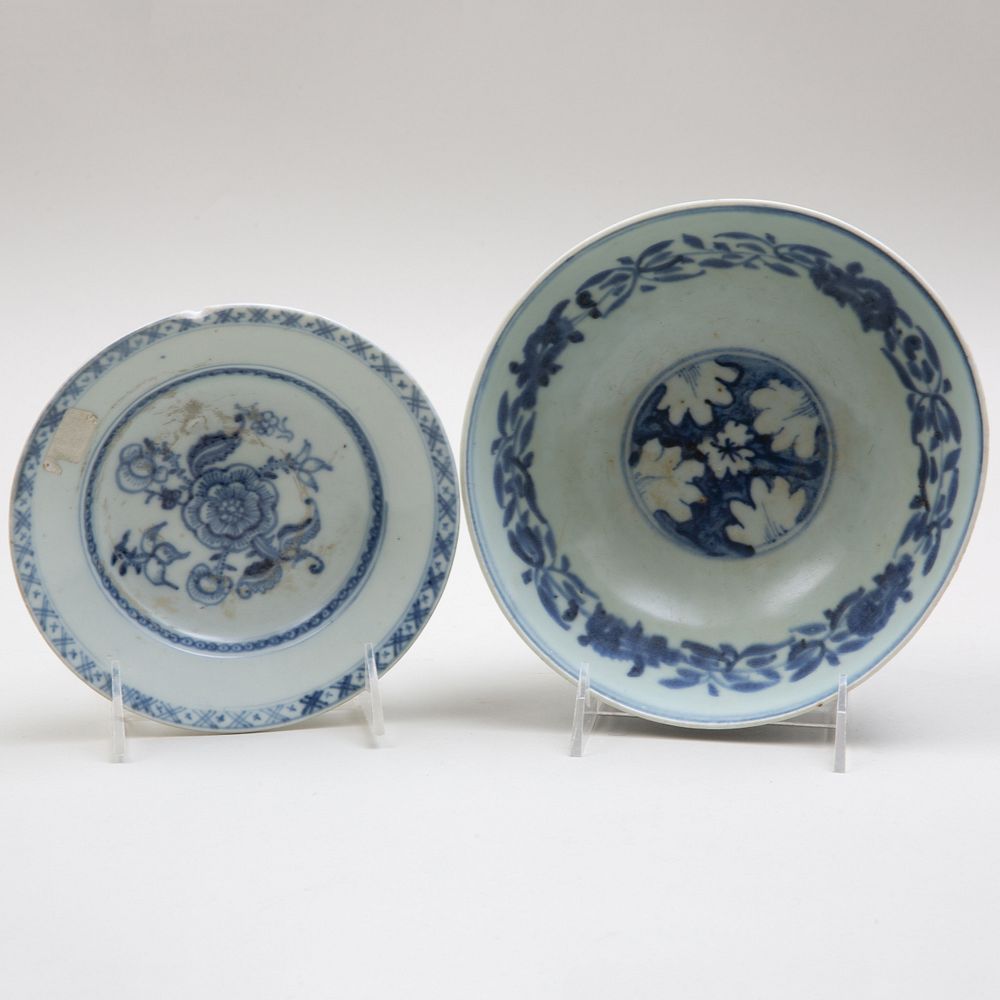 Appraisal: Chinese Blue and White Porcelain Bowl and Dish The larger