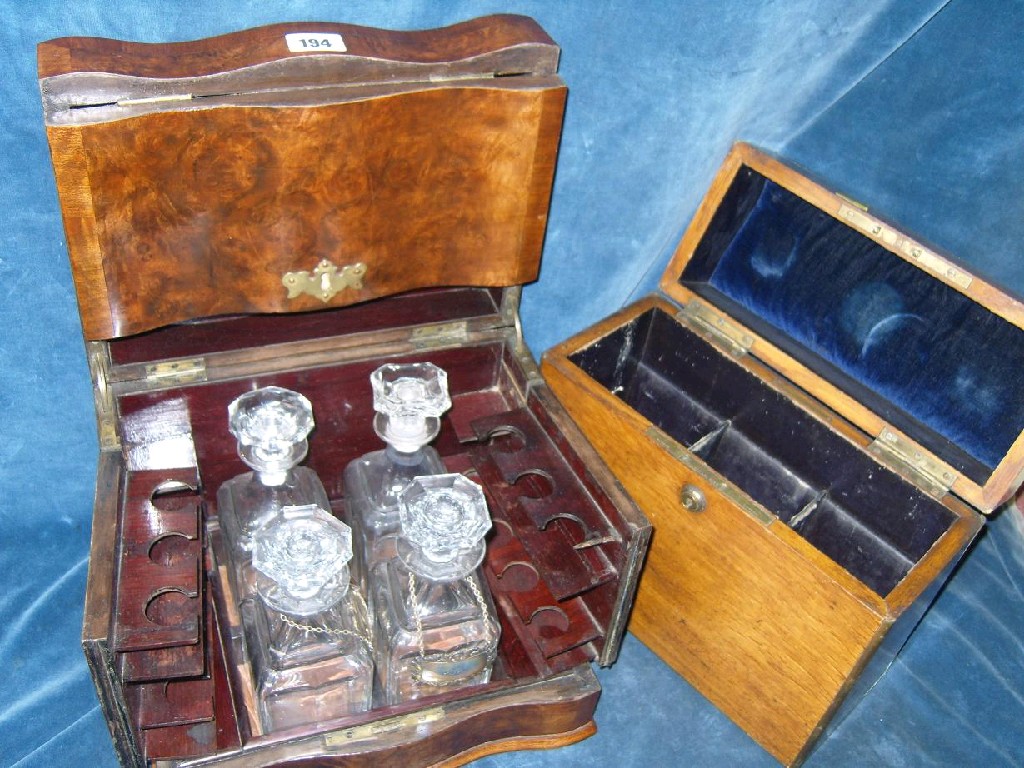 Appraisal: A th century burr walnut travelling decanter box of serpentine