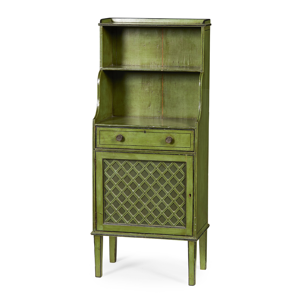 Appraisal: REGENCY GREEN PAINTED PINE BOOKCASE CABINET TH CENTURY with two