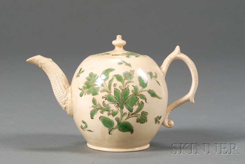 Appraisal: Staffordshire Enamel Decorated Creamware Teapot and Cover England th century