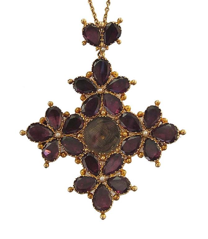 Appraisal: th century gold garnet mourning brooch cross floral pendant with