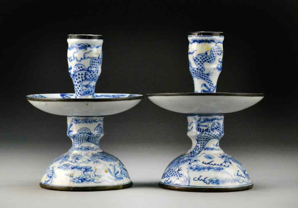 Appraisal: Pr Chinese Qing Blue White Candle HoldersFinely painted to depict