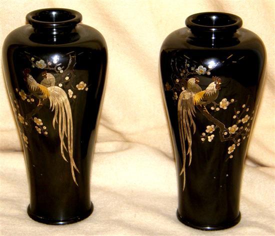 Appraisal: A PAIR OF JAPANESE BRONZE BALUSTER VASES each inlaid with