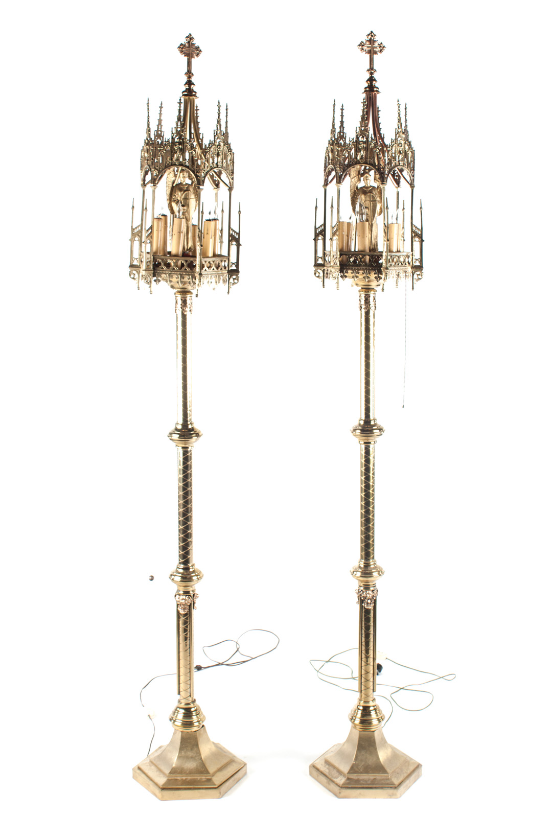 Appraisal: Pair of Gothic style brass altar lamps th century lamp