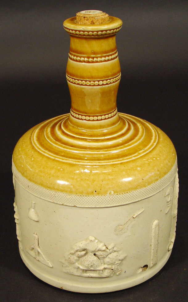 Appraisal: th century stoneware flask of masonic interest relief moulded with