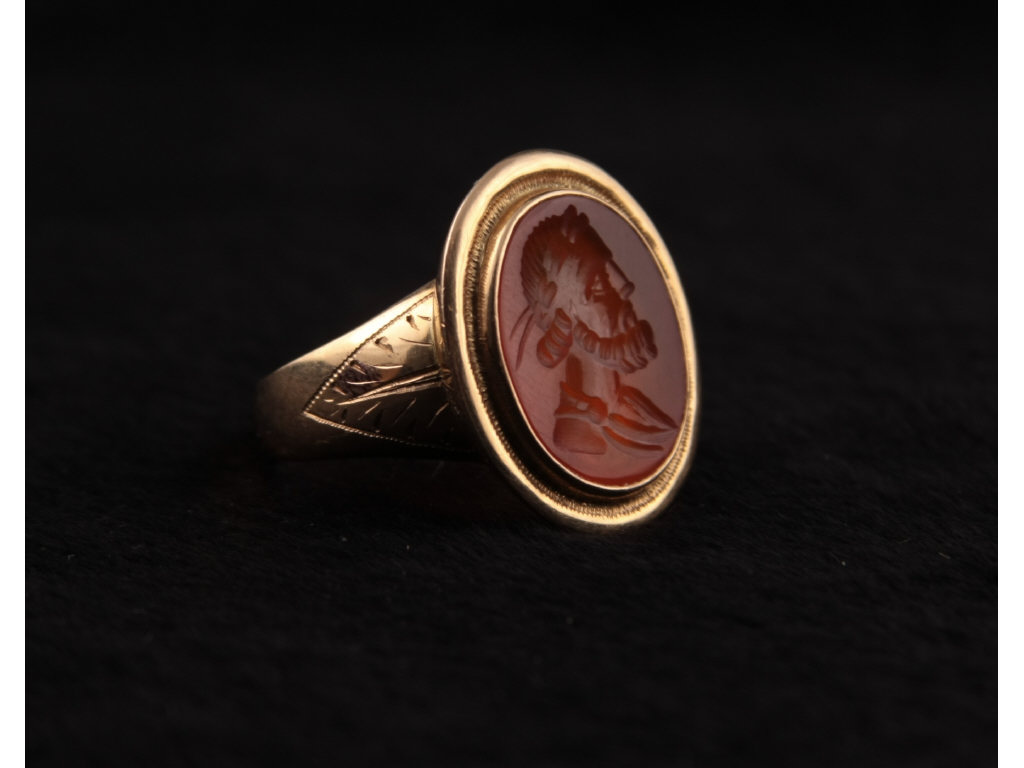 Appraisal: Carnelian Intaglio Gentleman's Ring carnelian intaglio with Roman profile likely