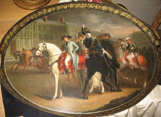 Appraisal: An oval tin tray painted with Napoleon and his generals