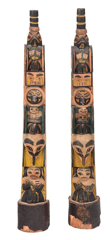 Appraisal: Pair Northwest Coast Carved Model Totem Poles th century polychrome