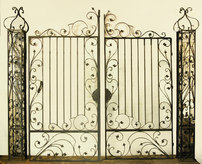 Appraisal: Monumental Set of Mediterranean-Style Wrought-Iron Driveway Gates and End Posts