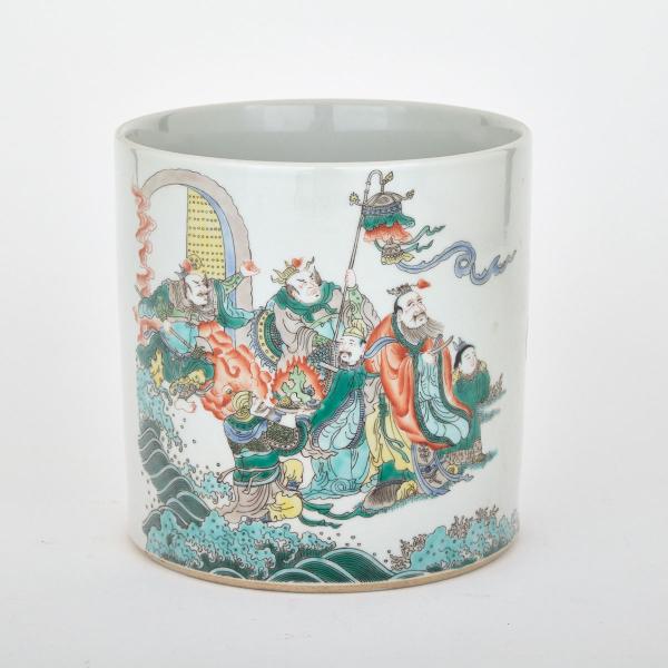 Appraisal: Large Wucai Brushpot Kangxi Mark The cylindrical brush pot colourfully