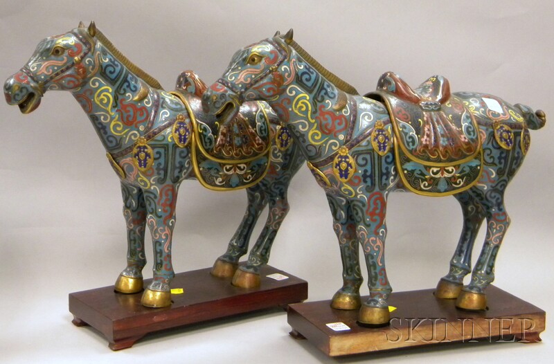 Appraisal: Pair of Chinese Cloisonne Horse Figures with wood bases figure