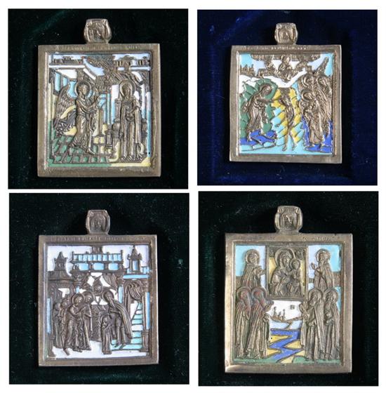 Appraisal: FOUR RUSSIAN BRASS AND ENAMELLED TRAVELING ICONS th century The